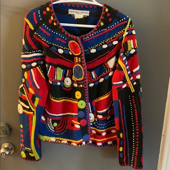 Michael Simon Red and Blue Geometric 3d cardigan - Picture 1 of 5
